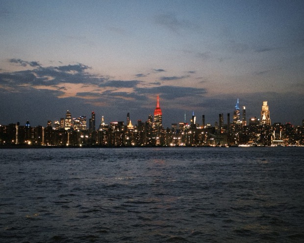Manhattan skyline at night, Empire State in red